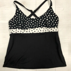 Lands End Tankini Top Crossover Straps Geometric Polka Dot Black White 8‎ EUC